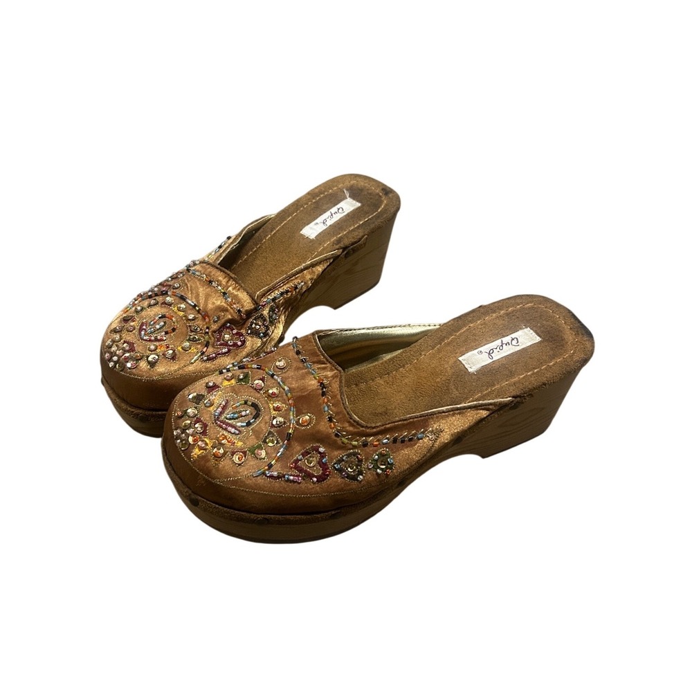 Qupid Bronze Beaded Satin Platform Clogs Vintage Style Wedge Mules Brown Boho - Picture 2 of 8